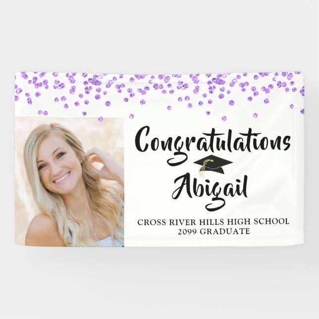 Graduation Photo Purple Confetti Brush Script Banner (Horizontal)