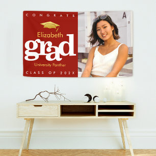Graduation photo red simple gold cap bold modern banner