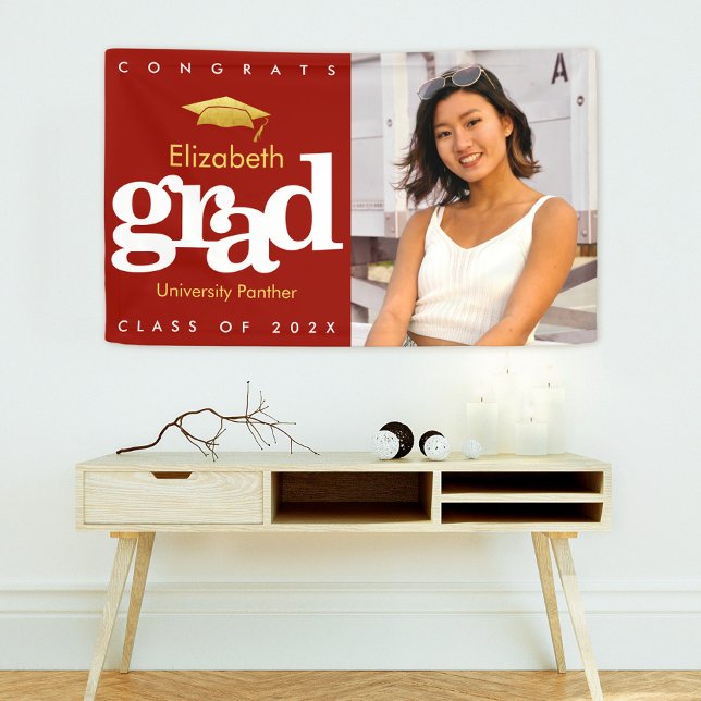 Graduation photo red simple gold cap bold modern banner (Creator Uploaded)