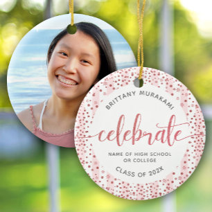 Graduation Photo Rose Gold Glitter Script Keepsake Ceramic Tree Decoration