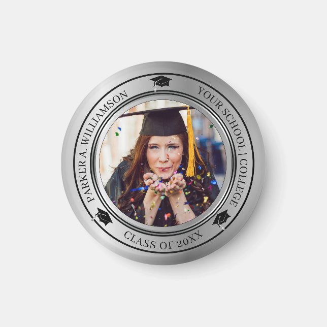 Graduation Photo Silver Tone Grad Cap Class Year   Magnet (Front)