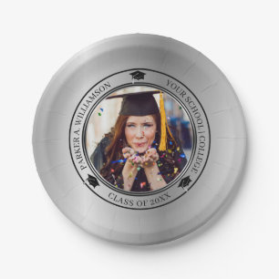 Graduation Photo Silver Tone Grad Cap Class Year Paper Plate