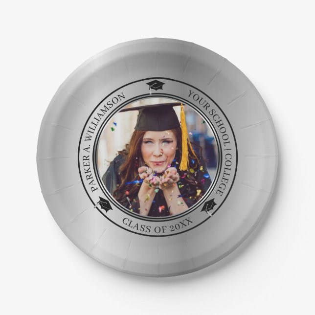 Graduation Photo Silver Tone Grad Cap Class Year   Paper Plate (Front)