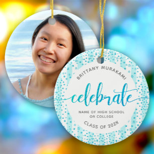 Graduation Photo Turquoise Glitter Script Keepsake Ceramic Tree Decoration