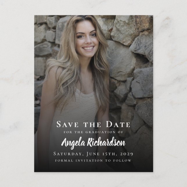 Graduation Photo Typography Modern Save the Date Invitation Postcard (Front)