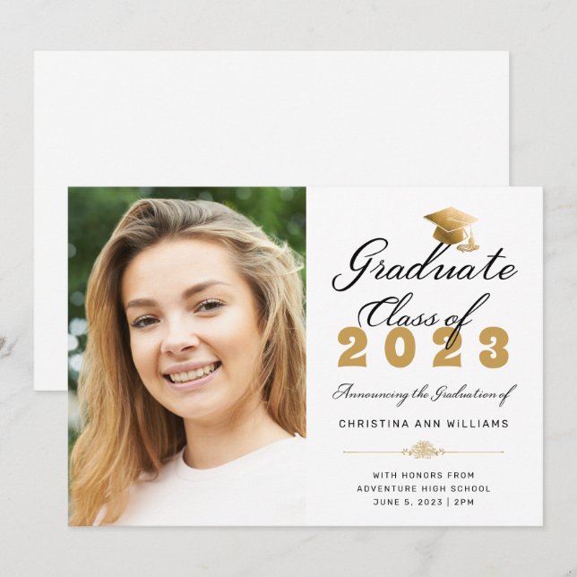 Graduation Photo White Gold Script Class of 2023 Announcement (Front/Back)