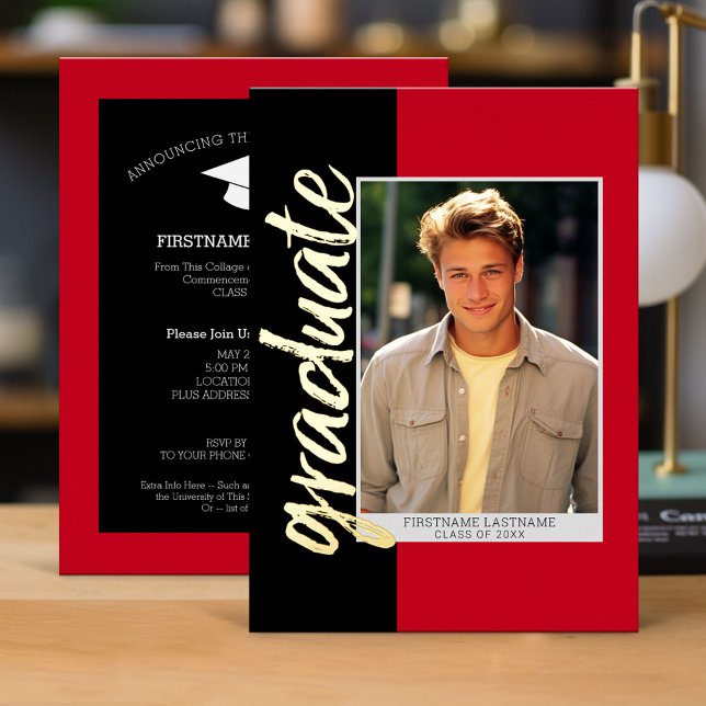 Graduation Photo with Modern Script Red Black (Red and Black Graduation Invitation)