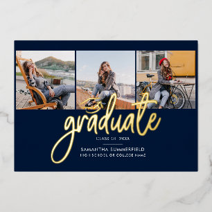 Graduation Photos Navy Blue Gold Foil Announcement
