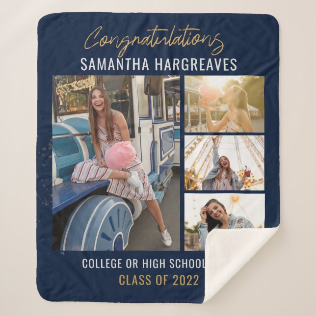  Graduation Photos Navy Blue Grad 2025 Sherpa Blanket (Front)