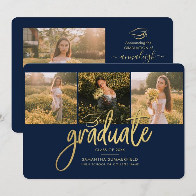 Graduation Photos Navy Blue Script 2026 Announcement (Front/Back)