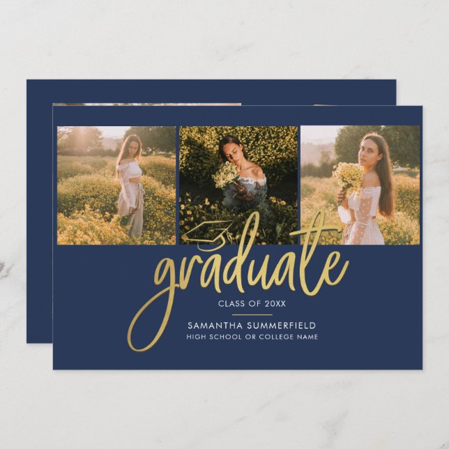 Graduation Photos Script Navy Blue Gold Foil Announcement (Front/Back)