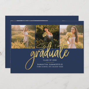 Graduation Photos Script Navy Blue Gold Foil Announcement