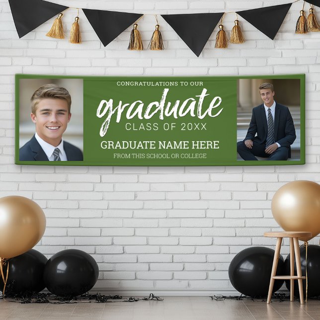 Graduation Photos with Graduate Name Green Virtual Banner (Custom Graduation Banner with 2 Photos)