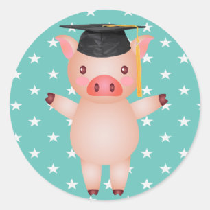 Graduation Pig and Stars Classic Round Sticker