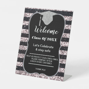 Graduation Pink Black Stripes Party safety Pedestal Sign