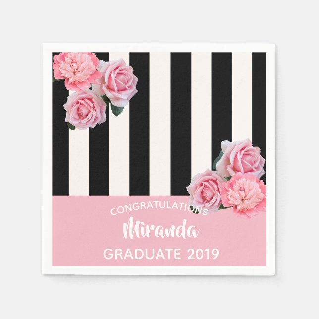 Graduation pink black white stripes florals 2025 napkin (Front)
