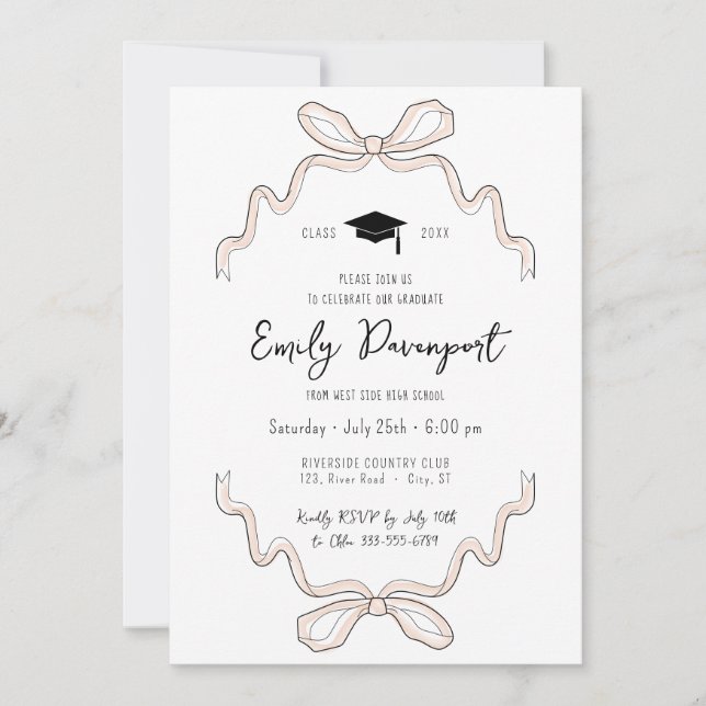 Graduation pink bow photo on back  invitation (Front)