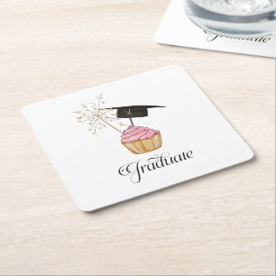 Graduation Pink Cupcake Graduate Sparkler Square Paper Coaster