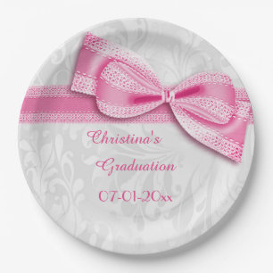 Graduation Pink Damask and Faux Bow Paper Plate
