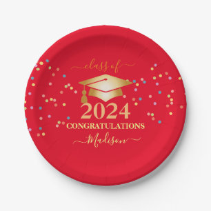 Graduation Pink Girls Confetti Golden initial Paper Plate