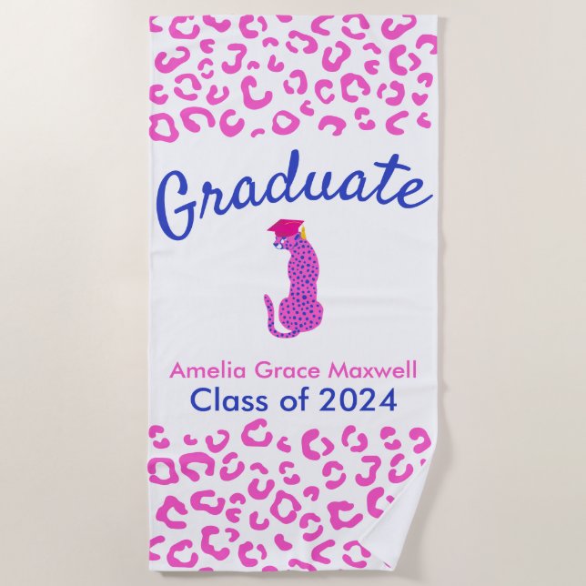 Graduation Pink Leopard Beach Towel (Front)