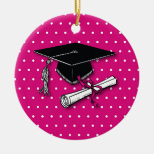 Graduation Pink Polka Dots Hat, Diploma Ceramic Tree Decoration