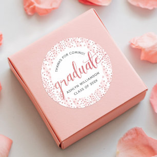 Graduation Pink Rose Gold Glitter Confetti Script Classic Round Sticker