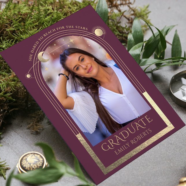 Graduation Plum Gold Sun Moon Stars Grad Photo Invitation (Creator Uploaded)