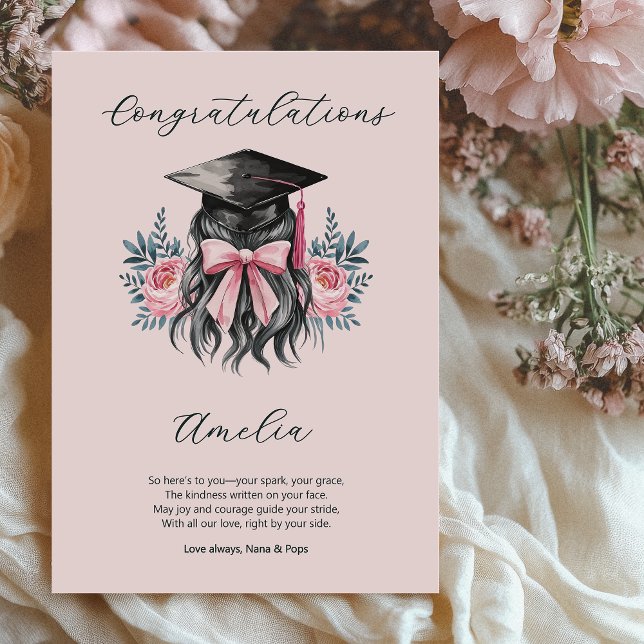 Graduation Poem Girly Grad Cap Congratulations Card (Graduation Congratulations Card - order printed or digital download)