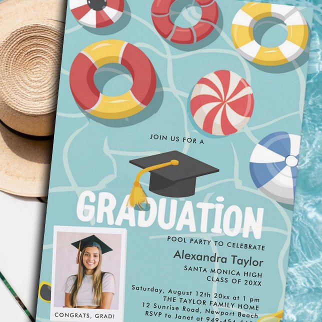 Graduation Pool Party High School College Photo Invitation (graduation pool party invitations grad photo template cards summer swimming fun cool modern)