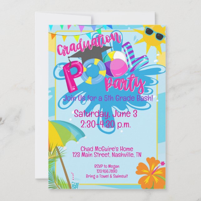 Graduation Pool Party, Kindergarten, High School Invitation (Front)