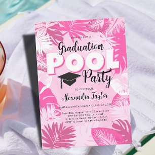 Graduation Pool Party Tropical Greenery Pink Chic Invitation