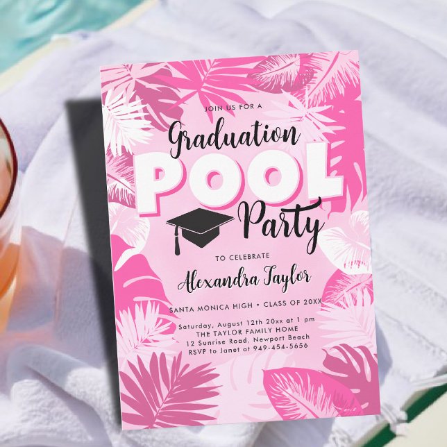 Graduation Pool Party Tropical Greenery Pink Chic Invitation (graduation pool party invitation tropical luau botanical greenery foliage pink feminine template)