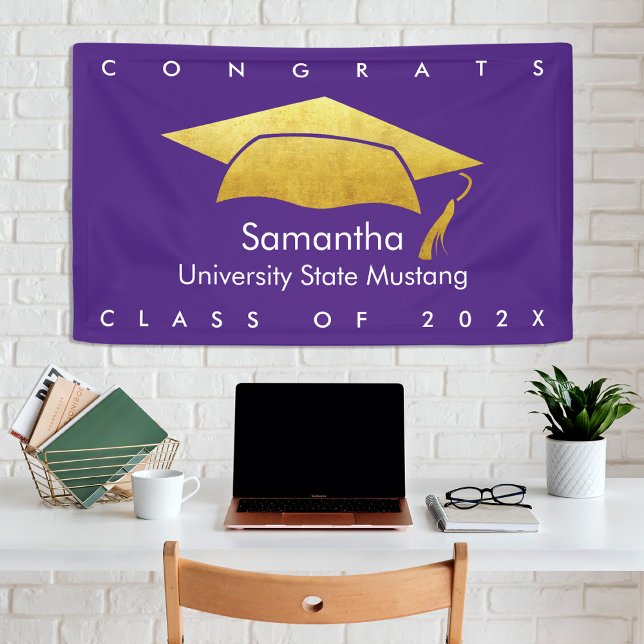 Graduation Purple Bold Modern Simple Gold Cap Banner (Creator Uploaded)