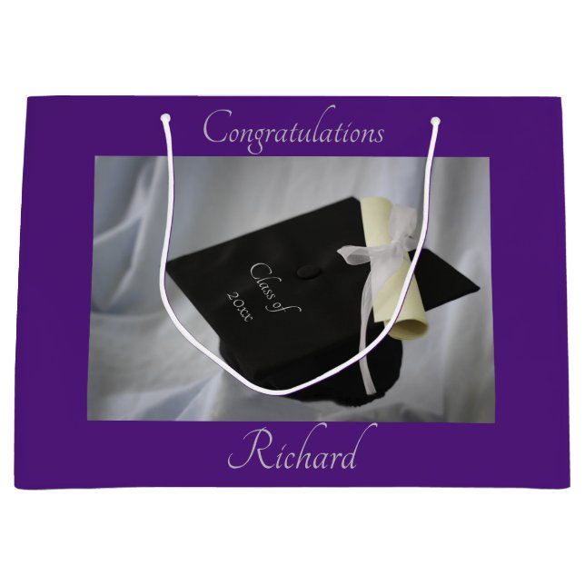 Graduation Purple Cap & Diploma Personalised Large Gift Bag (Front)