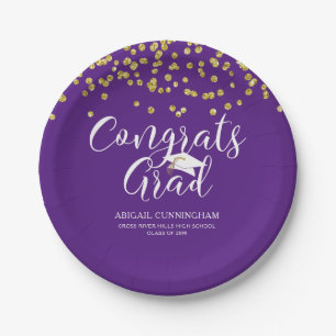 Graduation Purple CONGRATS GRAD Script Confetti Paper Plate