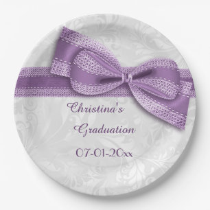 Graduation Purple Damask and Faux Bow Paper Plate
