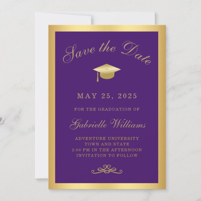 Graduation Purple Gold Frame Save the Date Announcement (Front)