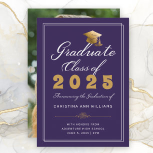 Graduation Purple Gold Script Photo Class of 2025 Announcement