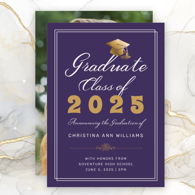 Graduation Purple Gold Script Photo Class of 2025 Announcement (Purple Gold and White Script Graduation Announcement with photo on the back)
