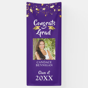 Graduation Purple Gold Stars Brush Script Photo Banner