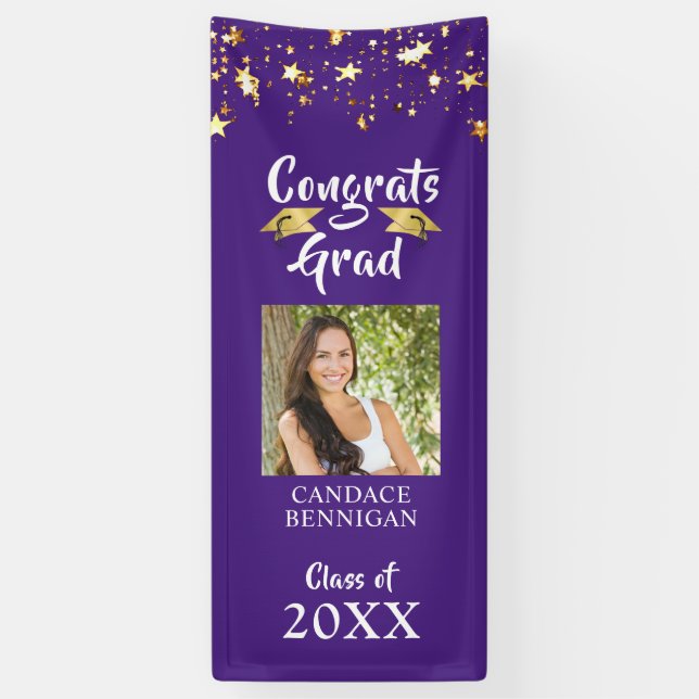 Graduation Purple Gold Stars Brush Script Photo Banner (Vertical)