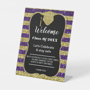 Graduation Purple Gold Stripes Party safety Pedestal Sign