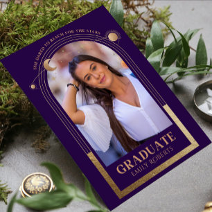 Graduation Purple Gold Sun Moon Stars Grad Photo Invitation