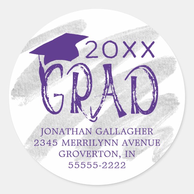 Graduation Purple Silver Grad Return Address Classic Round Sticker (Front)