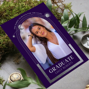 Graduation Purple Silver Sun Moon Stars Grad Photo Invitation