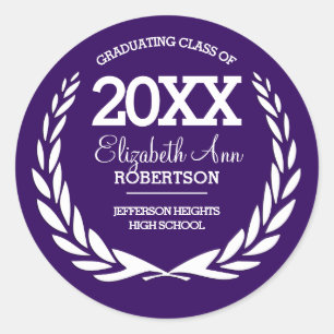 Graduation Purple White Laurel Wreath Classic Round Sticker