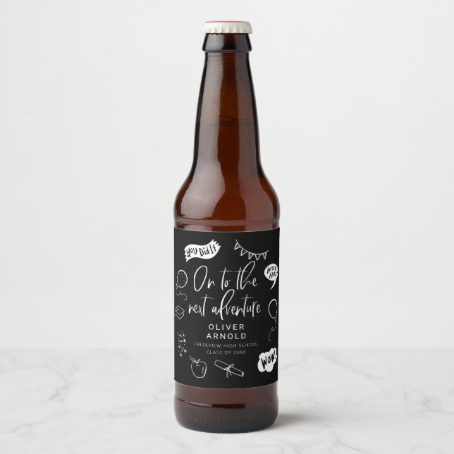 Graduation Quirky Doodle Next Adventure Black Beer Bottle Label (Front)