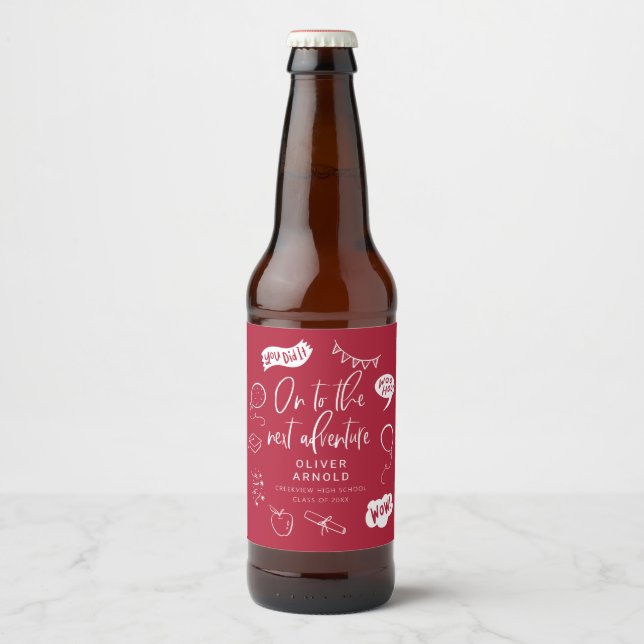 Graduation Quirky Doodle Next Adventure Red Beer Bottle Label (Front)