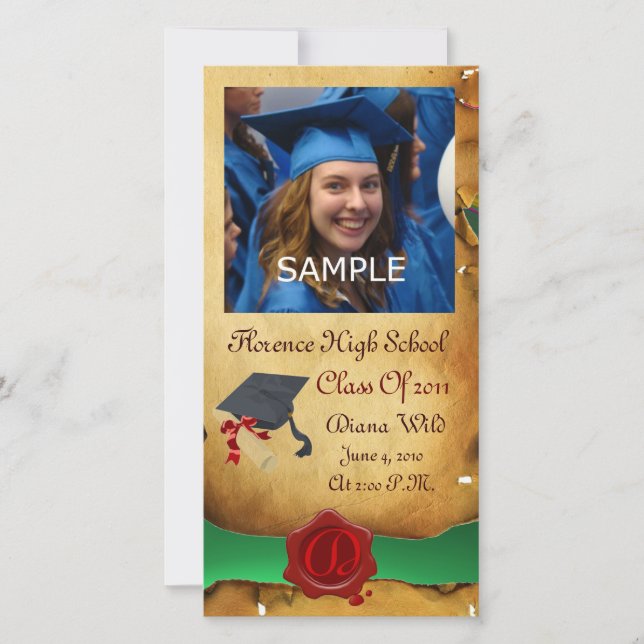GRADUATION  RED BROWN WAX SEAL MONOGRAM green Announcement (Front)